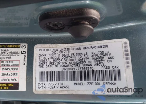 2007 Toyota Corolla Le из США, поврежденный, VIN 1NXBR32E77Z769540